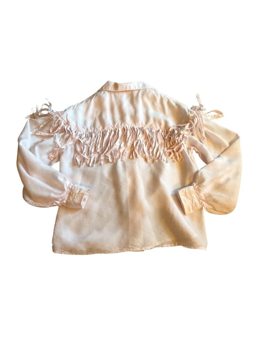 Vintage Blush Pink Fringed Blouse M Cotton Blend Button-Down Long Sleeve Womens